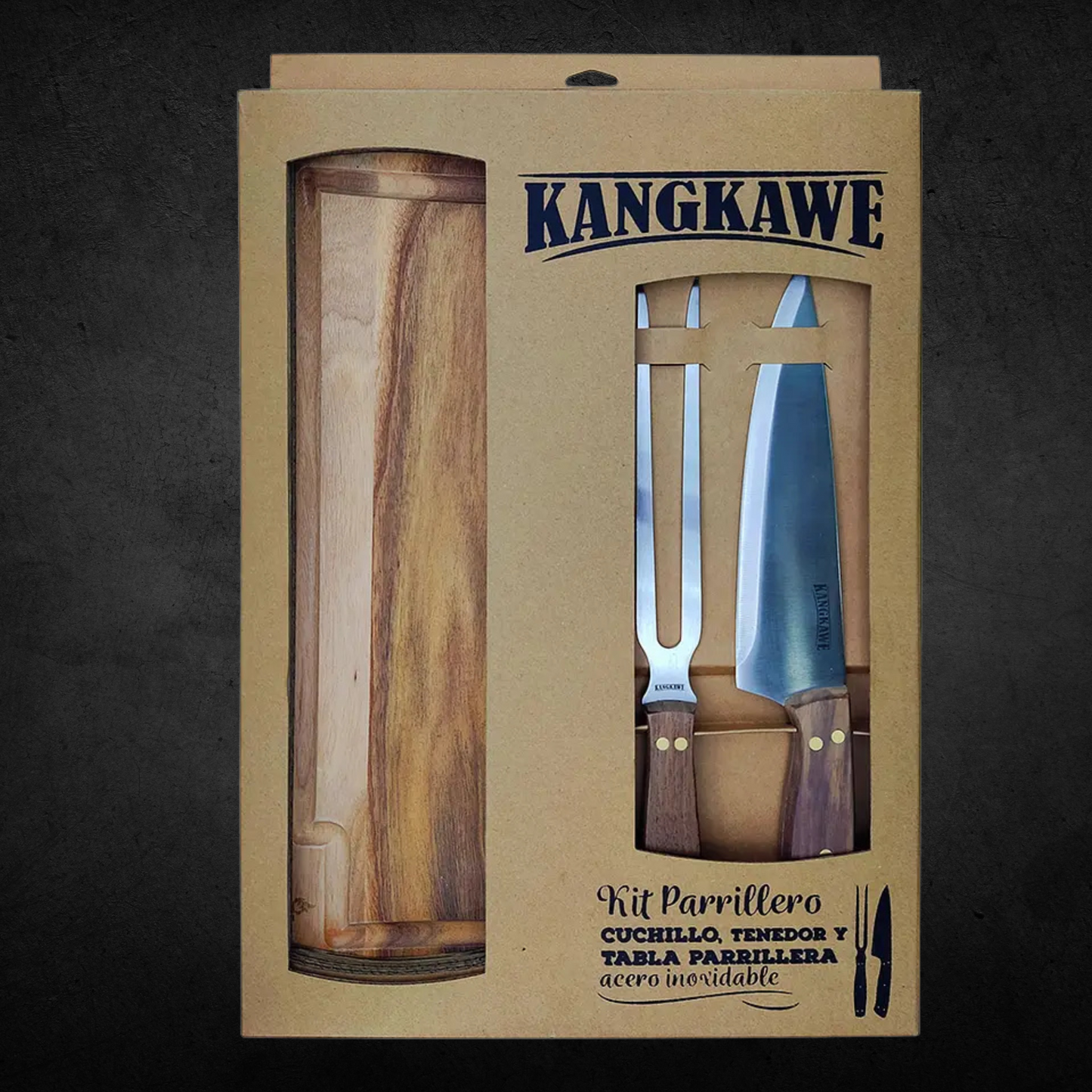 Kit Parrillero Cuchillo + Tenedor + Tabla Parrillera - Kangkawe